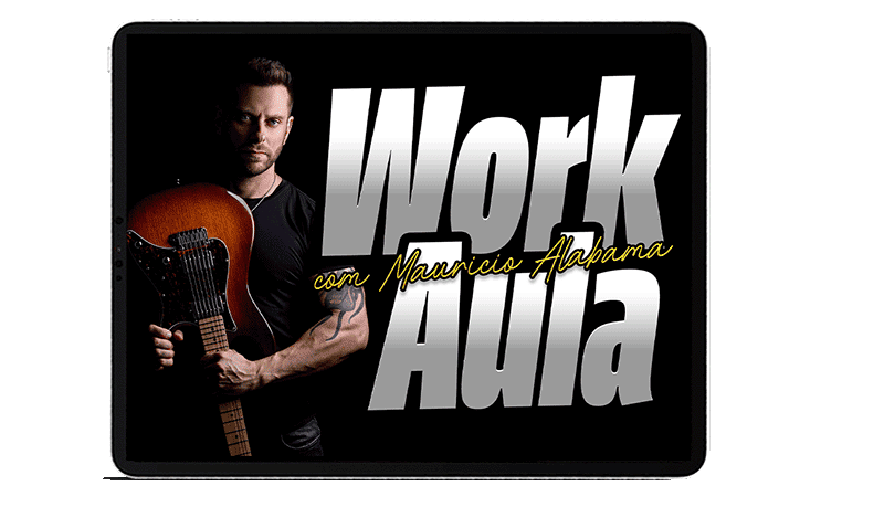 WorkAula com Mauricio Alabama: arte original do professor com sua guitarra em uma tela de tablet